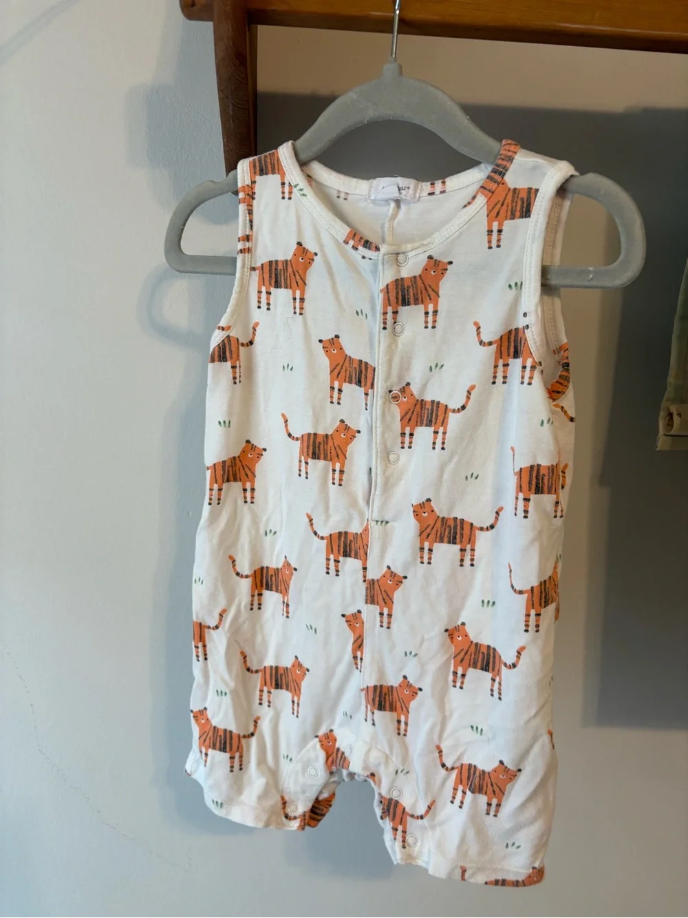 Angel Dear White Sleeveless Pajama Romper with Orange Tiger Print